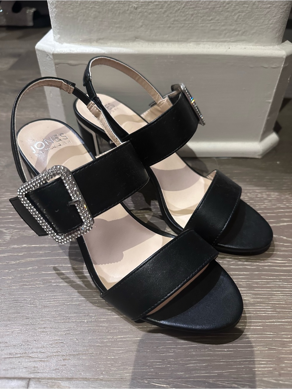 Black Strappy Slingback Heels with Crystal Buckles (elastic sling for ease)